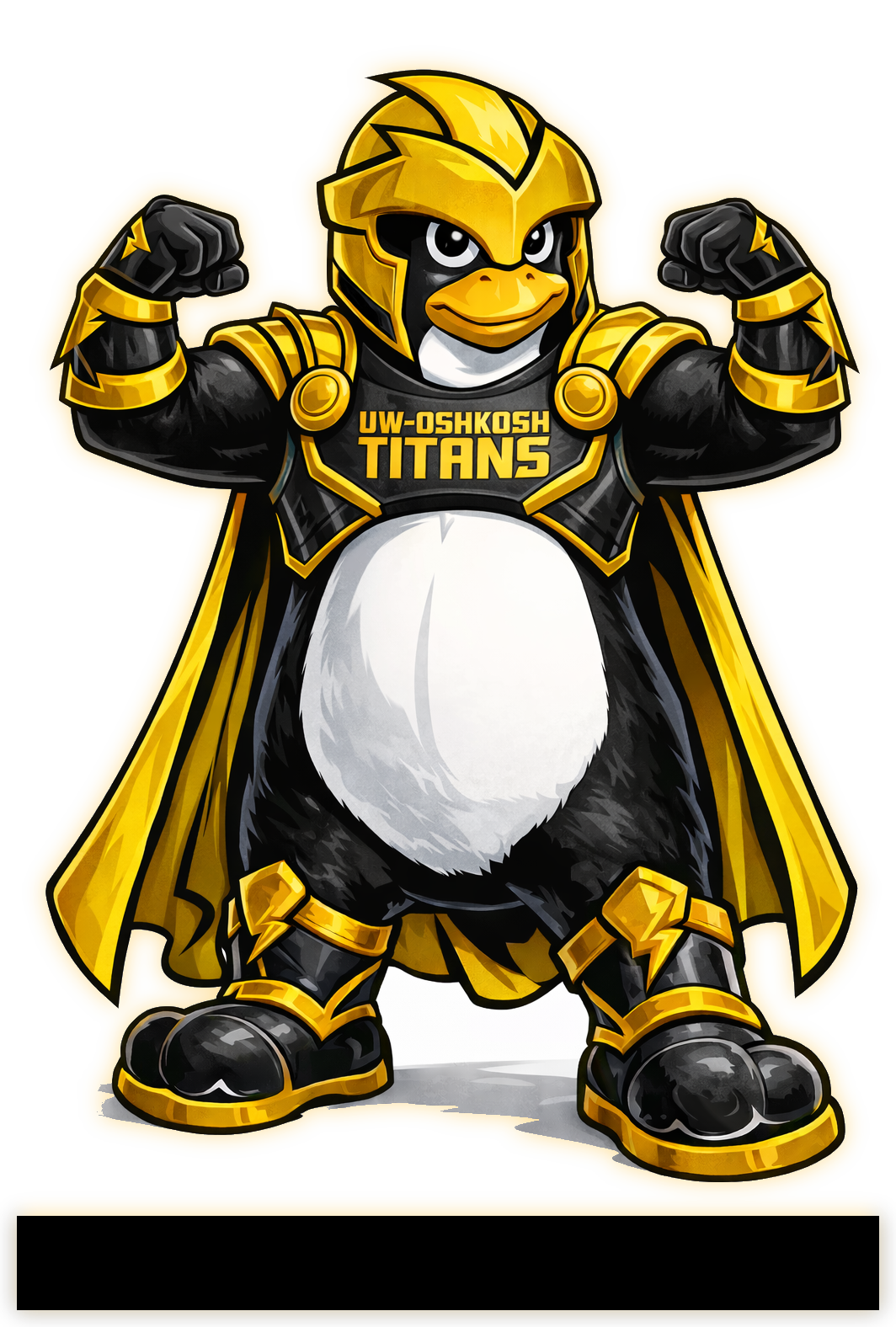 Titan Tux, hero of Titan Labs — a penguin in UW Oshkosh Titans colors, poised for adventure.